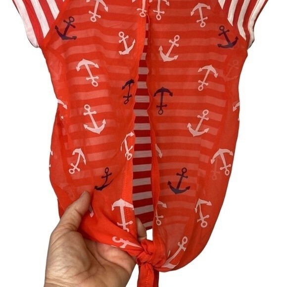 Aeropostale Nautical Stripe Sheer Tie Waist Anchor Print Top Short Sleeve Sailor - Picture 7 of 16